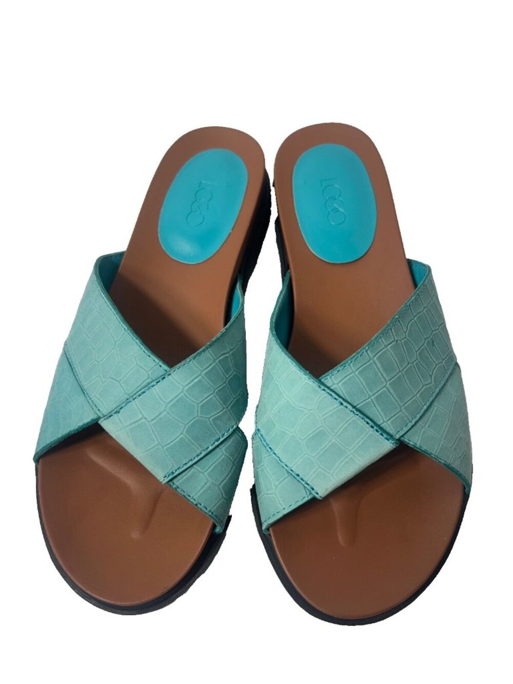 LOGO Lori Goldstein Womens Size 6M Jill Leather Sandal teal blue Snake slip on